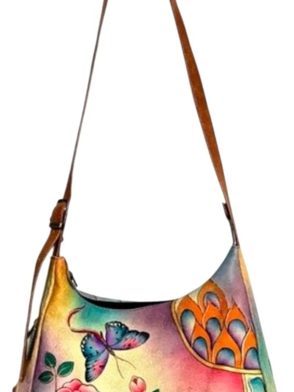 Anuschka Multicolor Butterfly Hobo Shoulder Bag with Brown Strap